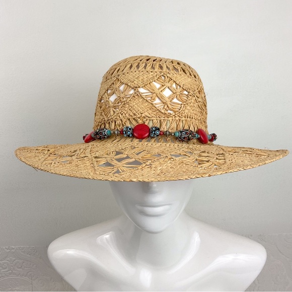 Vintage straw open weave sun hat with custom beaded band M/L beach resort wear - Picture 7 of 12